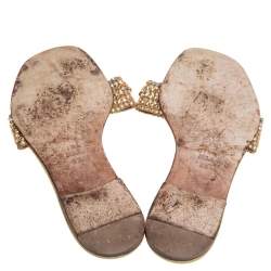 Pre Owned Gina Gold Leather Crystal Embellished Thong Flat Slides Size 39.5