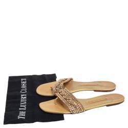 Pre Owned Gina Gold Leather Crystal Embellished Thong Flat Slides Size 39.5