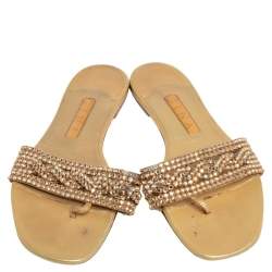 Pre Owned Gina Gold Leather Crystal Embellished Thong Flat Slides Size 39.5