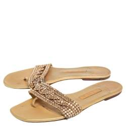 Pre Owned Gina Gold Leather Crystal Embellished Thong Flat Slides Size 39.5