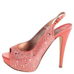 Pre Owned صندل جينا ساتان خوخي مزخرف كريستال مقدمة مفتوحة نعل سميك مقاس 38.5