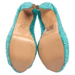 Pre Owned Gina Blue Satin Crystal Embellished Calamity Boots Size 38.5