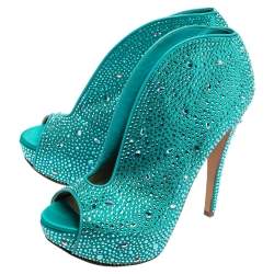 Pre Owned Gina Blue Satin Crystal Embellished Calamity Boots Size 38.5