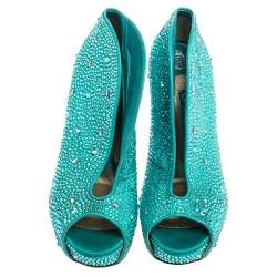 Pre Owned Gina Blue Satin Crystal Embellished Calamity Boots Size 38.5