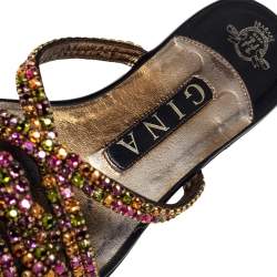 Pre Owned صندل سلايد جينا جلد أسود مزخرف كريستال مقاس 37