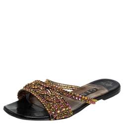 Pre Owned صندل سلايد جينا جلد أسود مزخرف كريستال مقاس 37