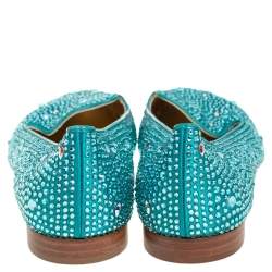 Pre Owned حذاء لوفرز جينا ساتان أزرق مزخرف كريستال مقاس 39 