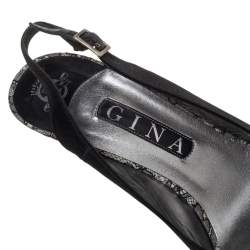 Pre Owned Gina Black Satin Crystal Platform  Slingback Sandals Size 39.5