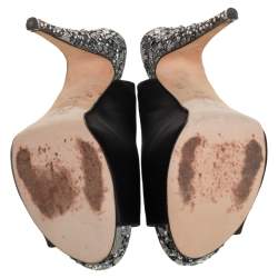 Pre Owned Gina Black Satin Crystal Platform  Slingback Sandals Size 39.5