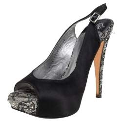 Pre Owned Gina Black Satin Crystal Platform  Slingback Sandals Size 39.5