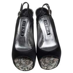 Pre Owned Gina Black Satin Crystal Platform  Slingback Sandals Size 39.5