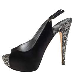 Pre Owned Gina Black Satin Crystal Platform  Slingback Sandals Size 39.5