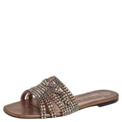 Pre Owned Gina Gold Leather Embellished Flat Sandals Size 38