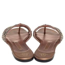 Pre Owned Gina Gold Leather Embellished Flat Sandals Size 38