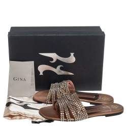 Pre Owned Gina Gold Leather Embellished Flat Sandals Size 38