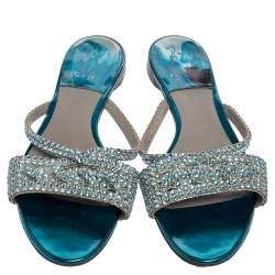 Pre Owned صندل جينا مزخرف جلد أزرق مقاس 40.5