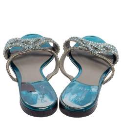 Pre Owned صندل جينا مزخرف جلد أزرق مقاس 40.5