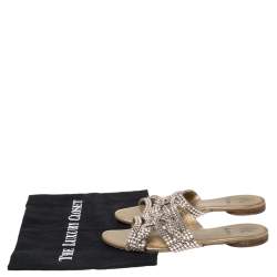 Pre Owned صندل جينا فلات لورن مزخرف كريستال جلد بيج مقاس 38