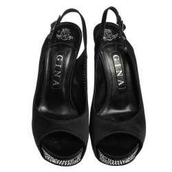 مملوكة مسبقًا Gina Black Satin Open Toe Platform Slingback Sandals Size 38.5