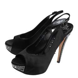 مملوكة مسبقًا Gina Black Satin Open Toe Platform Slingback Sandals Size 38.5