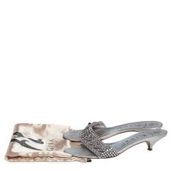 Pre Owned Gina Silver Leather Crystal Embellished Kitten Heel Slide Sandals Size 39
