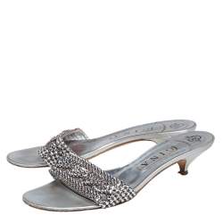Pre Owned Gina Silver Leather Crystal Embellished Kitten Heel Slide Sandals Size 39