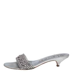 Pre Owned Gina Silver Leather Crystal Embellished Kitten Heel Slide Sandals Size 39
