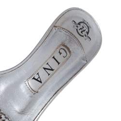 Pre Owned Gina Silver Leather Crystal Embellished Kitten Heel Slide Sandals Size 39
