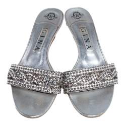 Pre Owned Gina Silver Leather Crystal Embellished Kitten Heel Slide Sandals Size 39