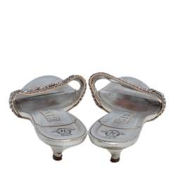 Pre Owned Gina Silver Leather Crystal Embellished Kitten Heel Slide Sandals Size 39