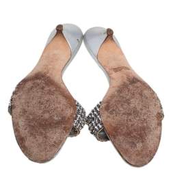 Pre Owned Gina Silver Leather Crystal Embellished Kitten Heel Slide Sandals Size 39