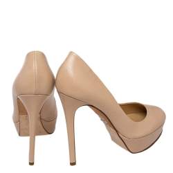 Pre Owned Gina Beige Leather Round Toe Platform Pumps Size 39.5