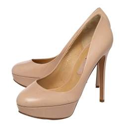 Pre Owned Gina Beige Leather Round Toe Platform Pumps Size 39.5