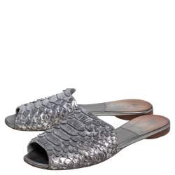 Pre Owned Gina Silver Python Leather  Slide Flat Sandals Size 38