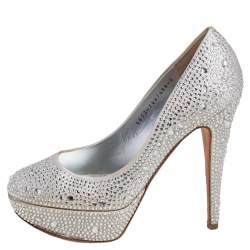 Gina Silver Satin Crystal Embellished Platform Pumps Size 38