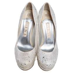 Gina Silver Satin Crystal Embellished Platform Pumps Size 38