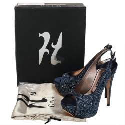 Pre Owned صندل جينا فتحة كعب مقدمة مفتوحة نعل سميك مزخرف كريستال ساتان كحلي مقاس 38.5