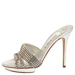 Pre Owned Gina Silver Leather Crystal Embellished Platform Slide Sandals Size 39.5