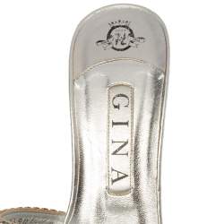 Pre Owned Gina Silver Leather Crystal Embellished Platform Slide Sandals Size 39.5