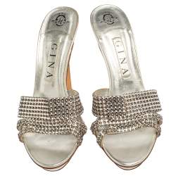 Pre Owned Gina Silver Leather Crystal Embellished Platform Slide Sandals Size 39.5