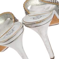 Pre Owned Gina Silver Leather Crystal Embellished Platform Slide Sandals Size 39.5