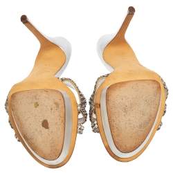 Pre Owned Gina Silver Leather Crystal Embellished Platform Slide Sandals Size 39.5