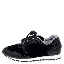 Pre Owned Gina Black Velvet and Croc Embossed Patent Leather Low Top Sneakers Size 40