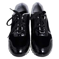 Pre Owned Gina Black Velvet and Croc Embossed Patent Leather Low Top Sneakers Size 40