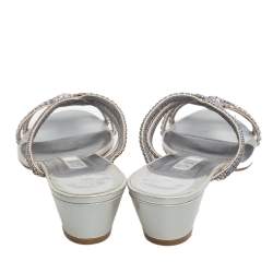 Pre Owned Gina Silver Leather Crystal Embellished Slide Sandals Size 40.5