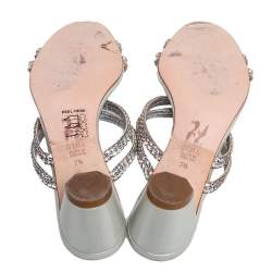 Pre Owned Gina Silver Leather Crystal Embellished Slide Sandals Size 40.5