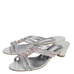 Pre Owned Gina Silver Leather Crystal Embellished Slide Sandals Size 40.5