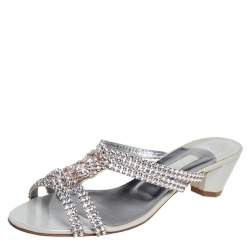 Pre Owned Gina Silver Leather Crystal Embellished Slide Sandals Size 40.5