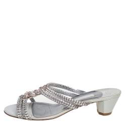 Pre Owned Gina Silver Leather Crystal Embellished Slide Sandals Size 40.5