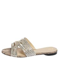 Pre Owned صندل فلات سلايد جينا مونرو جلد نقشة السحلية طباعة أنيمل بيج مقاس 38.5 